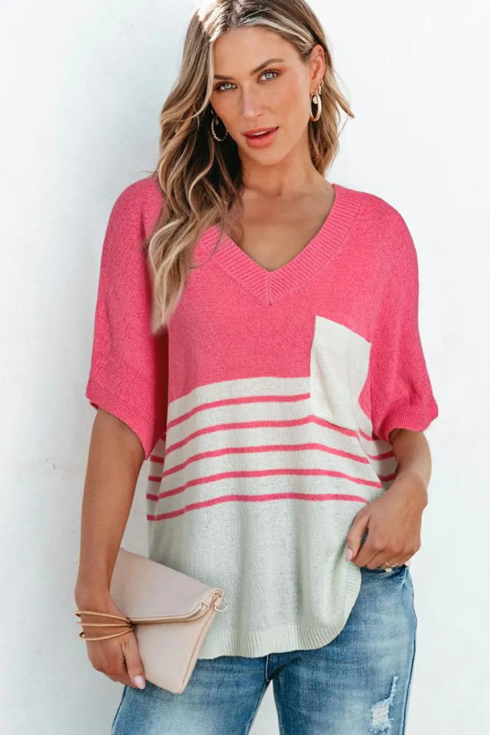 Clearance Dear-Lover Contrast Stripes V Neck Knitted Short Sleeve Top Strawberry Pink