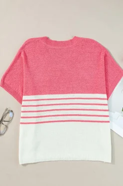 Clearance Dear-Lover Contrast Stripes V Neck Knitted Short Sleeve Top Strawberry Pink