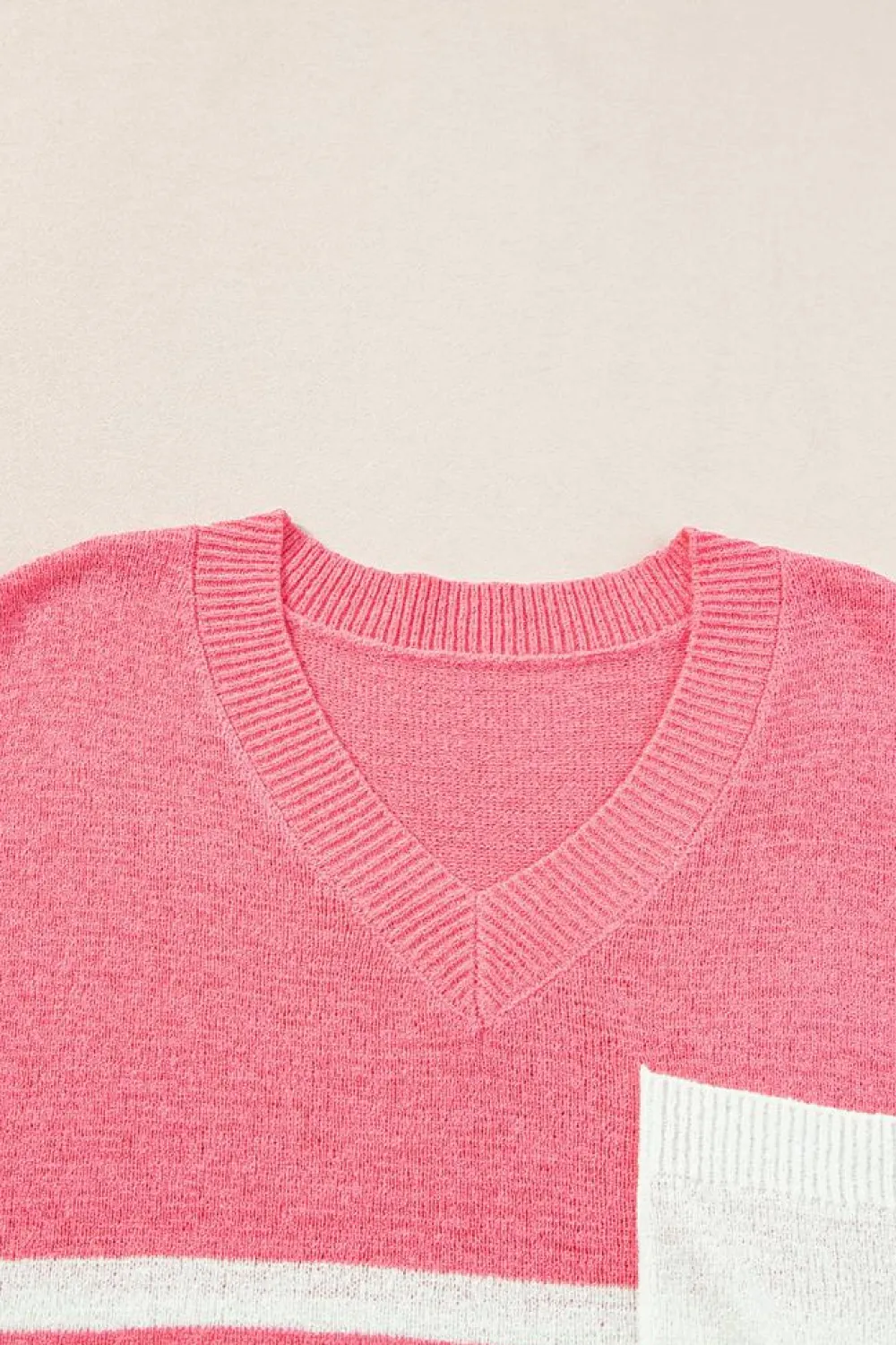 Clearance Dear-Lover Contrast Stripes V Neck Knitted Short Sleeve Top Strawberry Pink