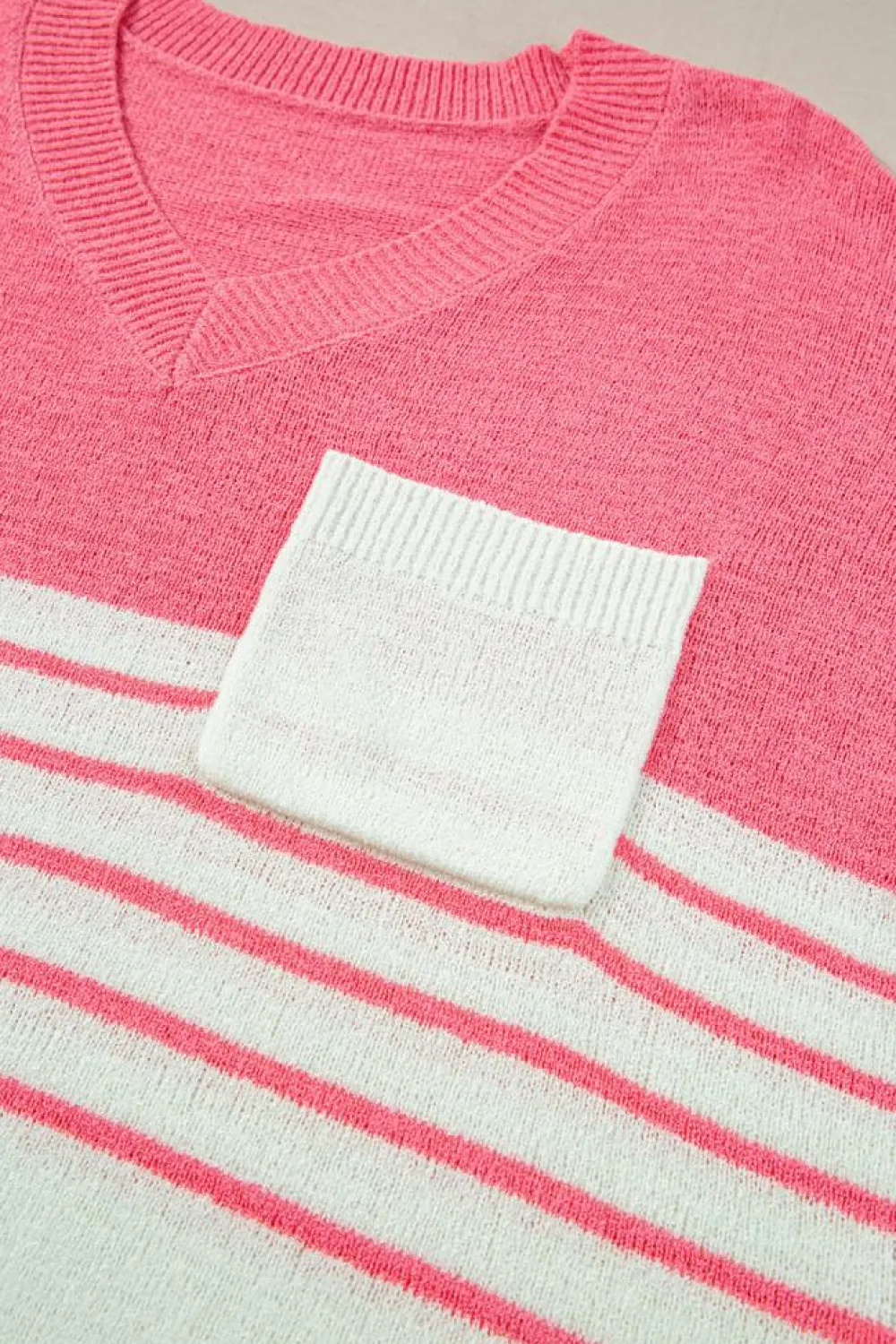 Clearance Dear-Lover Contrast Stripes V Neck Knitted Short Sleeve Top Strawberry Pink