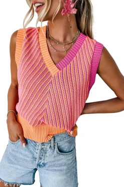 Clearance Dear-Lover Contrast Chevron Knit V Neck Sweater Vest Strawberry Pink