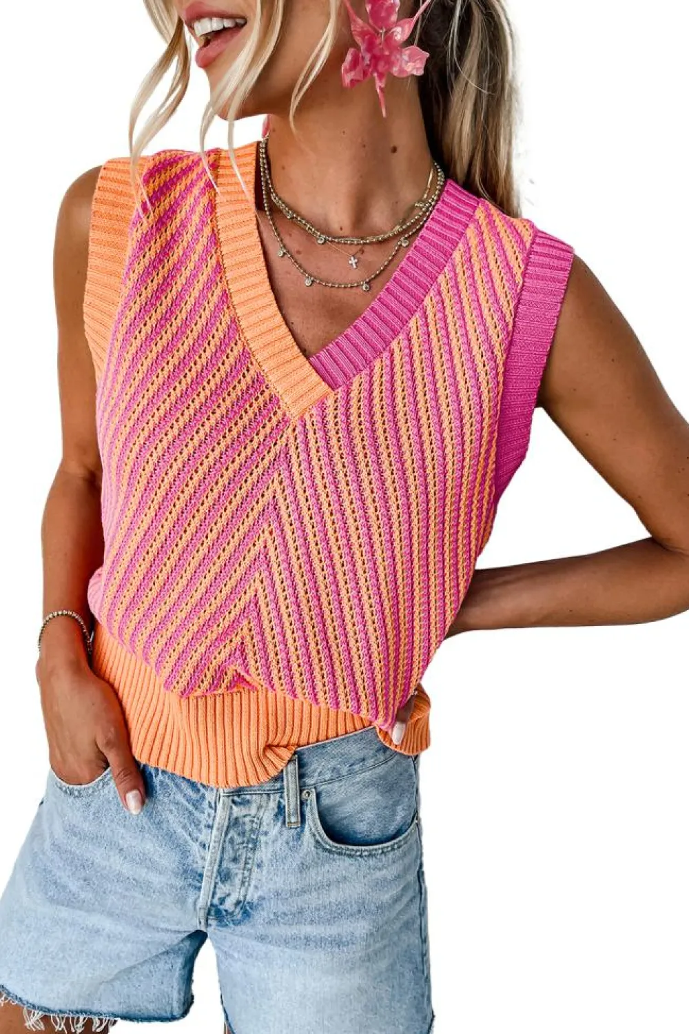 Clearance Dear-Lover Contrast Chevron Knit V Neck Sweater Vest Strawberry Pink