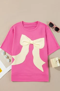 Fashion Dear-Lover Contrasting Color Ribbon Bow Front Patch Loose Tee with Slits Strawberry Pink