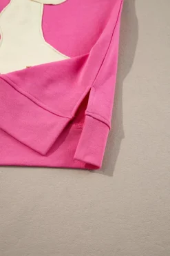 Fashion Dear-Lover Contrasting Color Ribbon Bow Front Patch Loose Tee with Slits Strawberry Pink