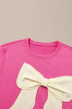 Fashion Dear-Lover Contrasting Color Ribbon Bow Front Patch Loose Tee with Slits Strawberry Pink