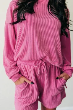 Hot Dear-Lover Corded Textured Long Sleeve Top and Shorts Set Strawberry Pink