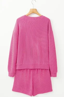 Hot Dear-Lover Corded Textured Long Sleeve Top and Shorts Set Strawberry Pink