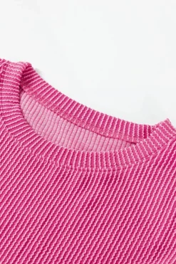 Hot Dear-Lover Corded Textured Long Sleeve Top and Shorts Set Strawberry Pink