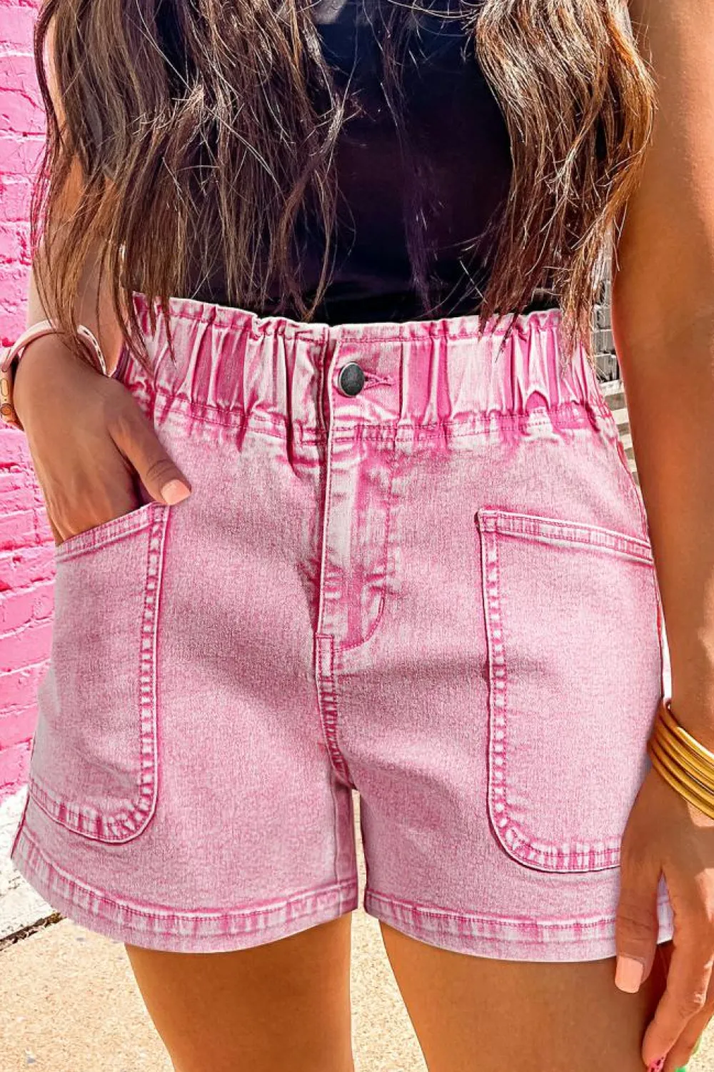 Best Dear-Lover Elastic High Waisted Denim Shorts Strawberry Pink
