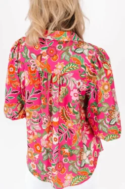 New Dear-Lover Floral Print Smocked Cuff Puff Sleeve Shirt Strawberry Pink