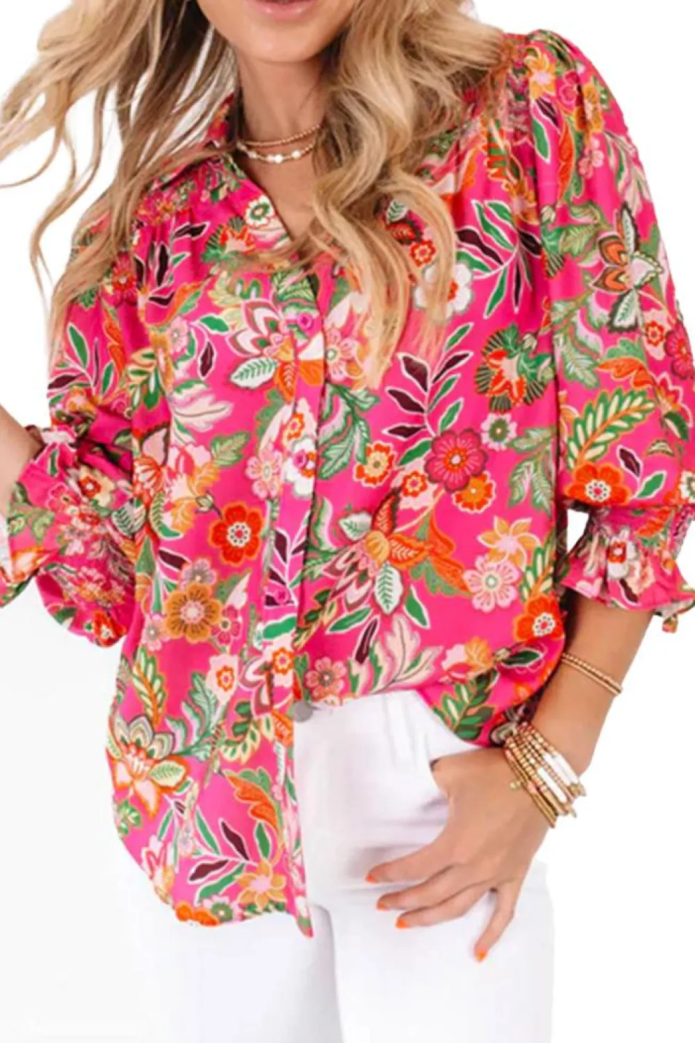 New Dear-Lover Floral Print Smocked Cuff Puff Sleeve Shirt Strawberry Pink