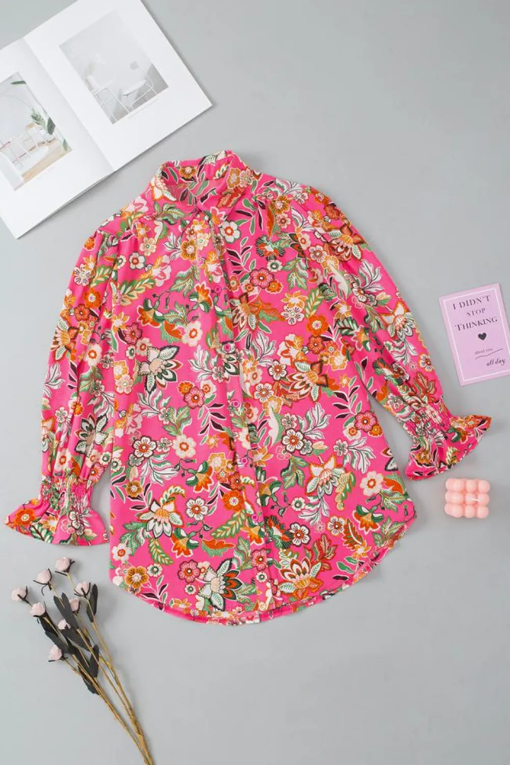 New Dear-Lover Floral Print Smocked Cuff Puff Sleeve Shirt Strawberry Pink