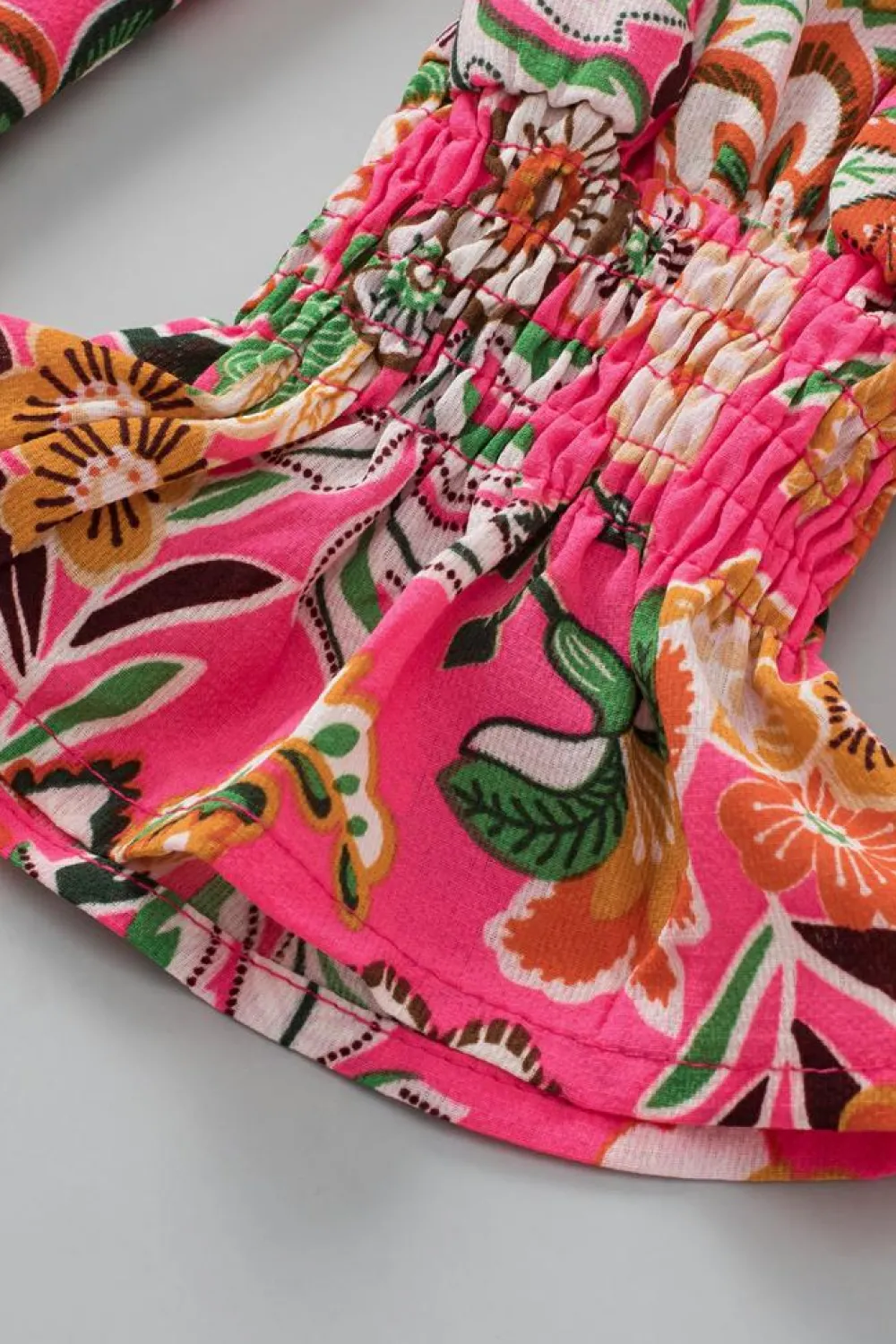 New Dear-Lover Floral Print Smocked Cuff Puff Sleeve Shirt Strawberry Pink