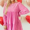 New Dear-Lover Flounce Sleeve Tiered Ruffled Velvet Mini Dress Strawberry Pink