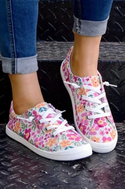 Hot Dear-Lover Flower Print Lace-up Decor Slip-on Canvas Shoes Strawberry Pink