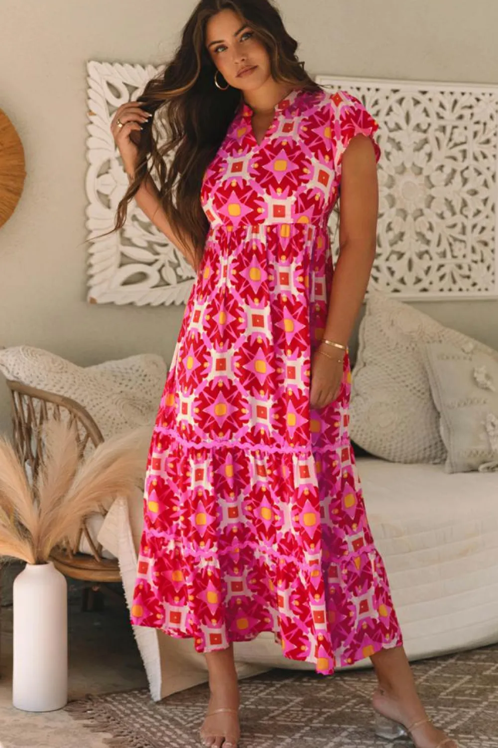 Outlet Dear-Lover Geo Print V-neck Maxi Dress Strawberry Pink