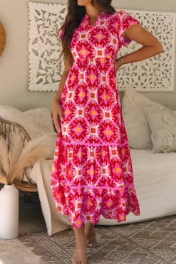 Outlet Dear-Lover Geo Print V-neck Maxi Dress Strawberry Pink