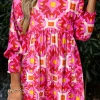 Outlet Dear-Lover Geometric Print Smocked Long Sleeve Mini Dress Strawberry Pink