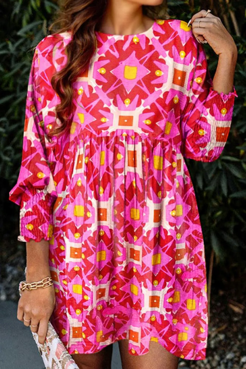 Outlet Dear-Lover Geometric Print Smocked Long Sleeve Mini Dress Strawberry Pink
