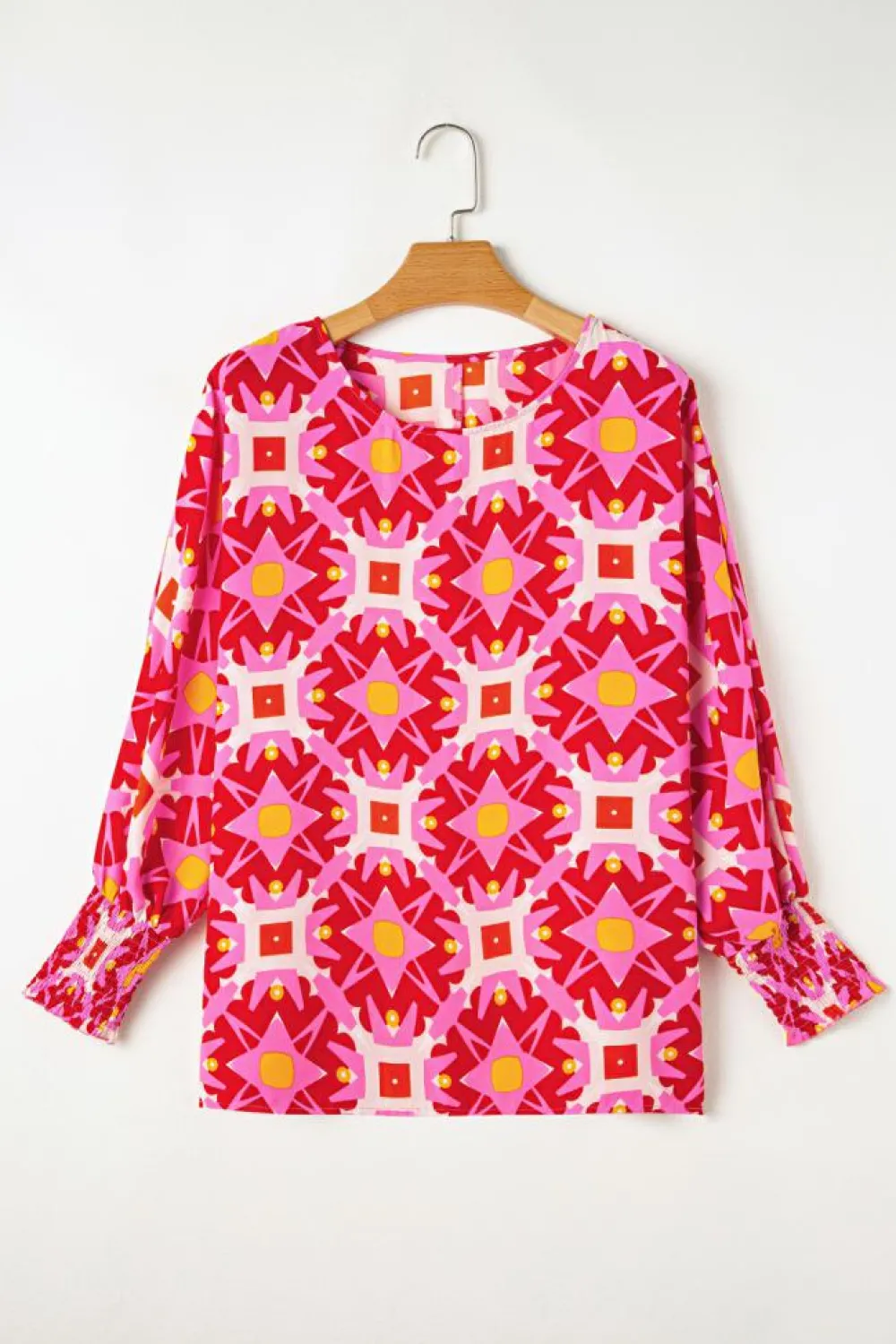 Online Dear-Lover Geometric Print Shirred Cuff 3/4 Sleeve Loose Blouse Strawberry Pink