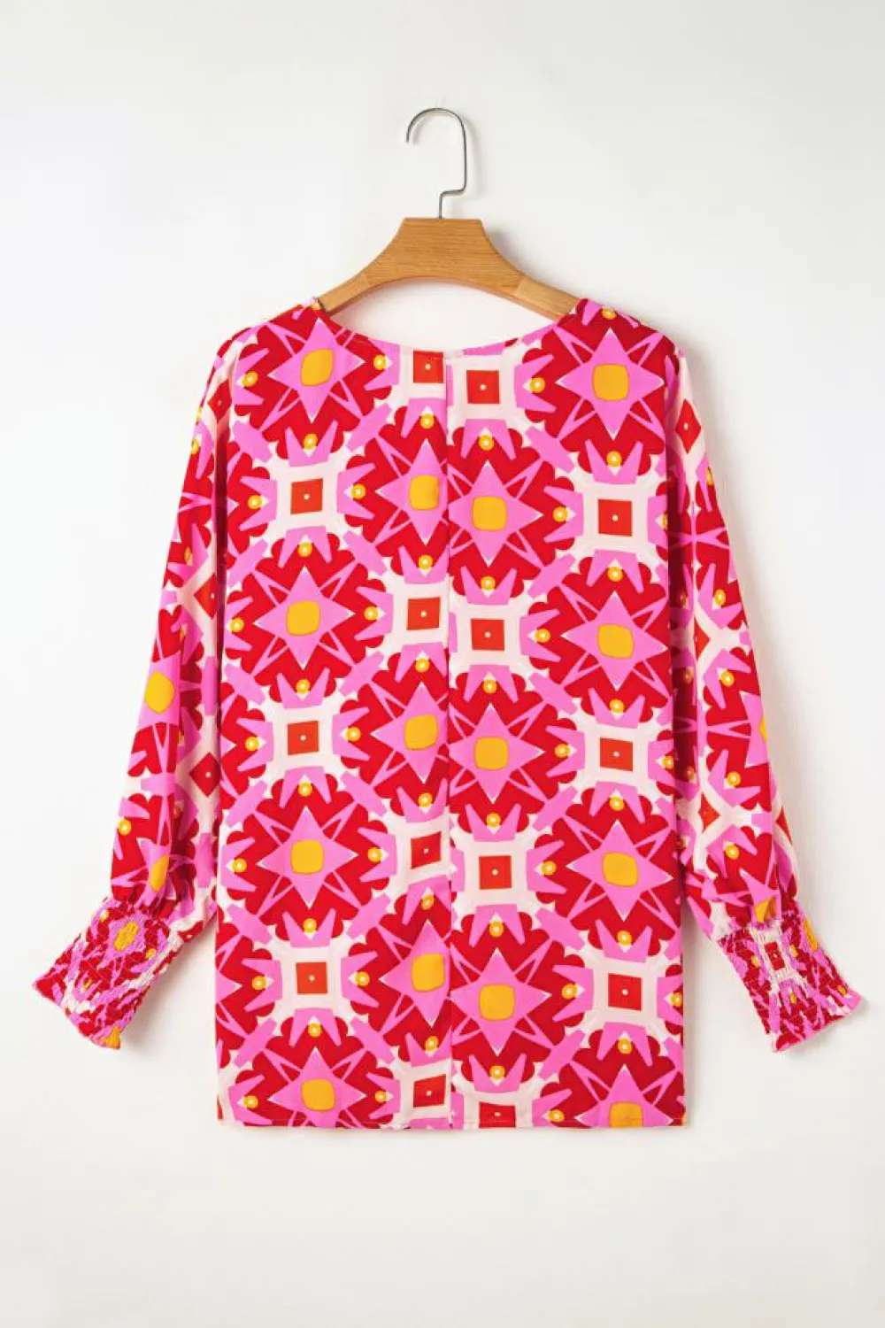 Online Dear-Lover Geometric Print Shirred Cuff 3/4 Sleeve Loose Blouse Strawberry Pink
