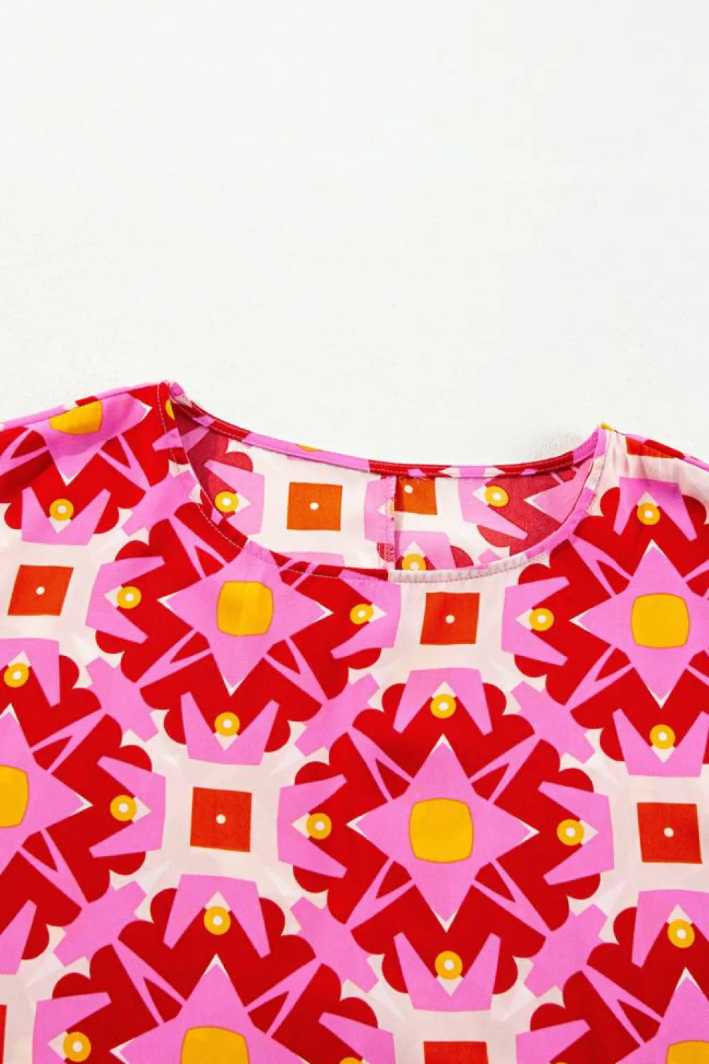 Online Dear-Lover Geometric Print Shirred Cuff 3/4 Sleeve Loose Blouse Strawberry Pink