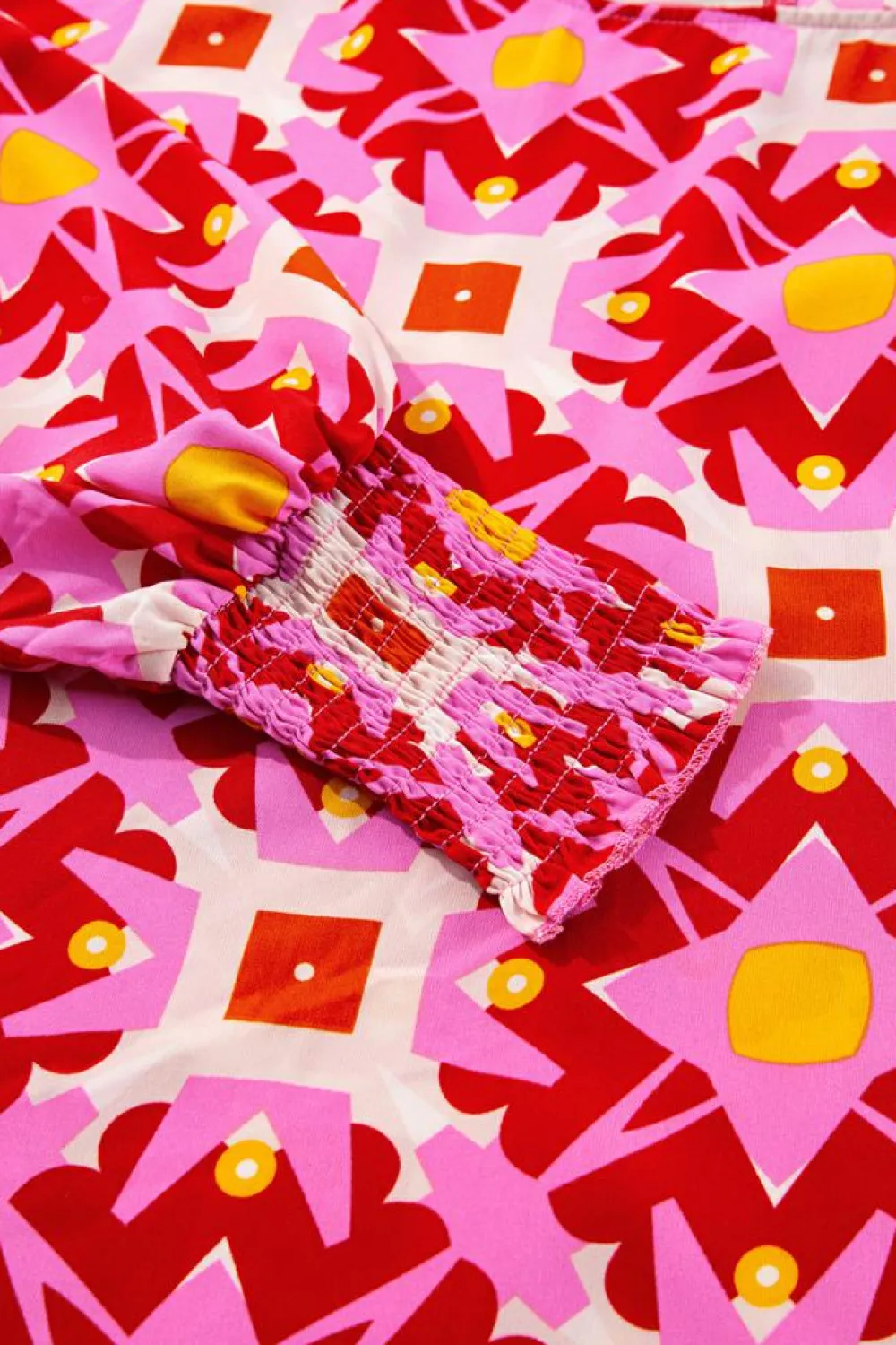 Online Dear-Lover Geometric Print Shirred Cuff 3/4 Sleeve Loose Blouse Strawberry Pink