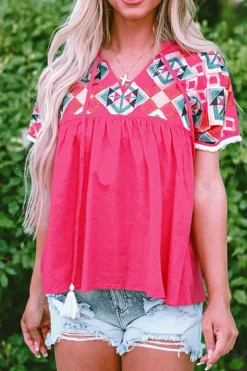 Fashion Dear-Lover Geometric Embroidered Tassel Tie V Neck Blouse Strawberry Pink