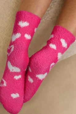 Discount Dear-Lover Heart Shape Print Coral Fleece Thick Crew Socks Strawberry Pink