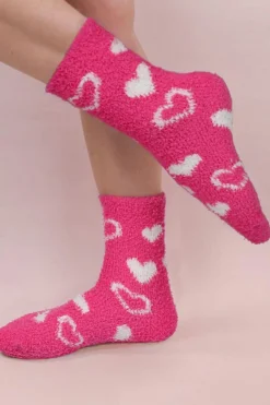 Discount Dear-Lover Heart Shape Print Coral Fleece Thick Crew Socks Strawberry Pink