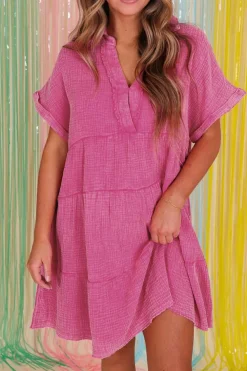 New Dear-Lover Mineral Wash Crinkle Split Neck Raw Hem Tiered Dress Strawberry Pink