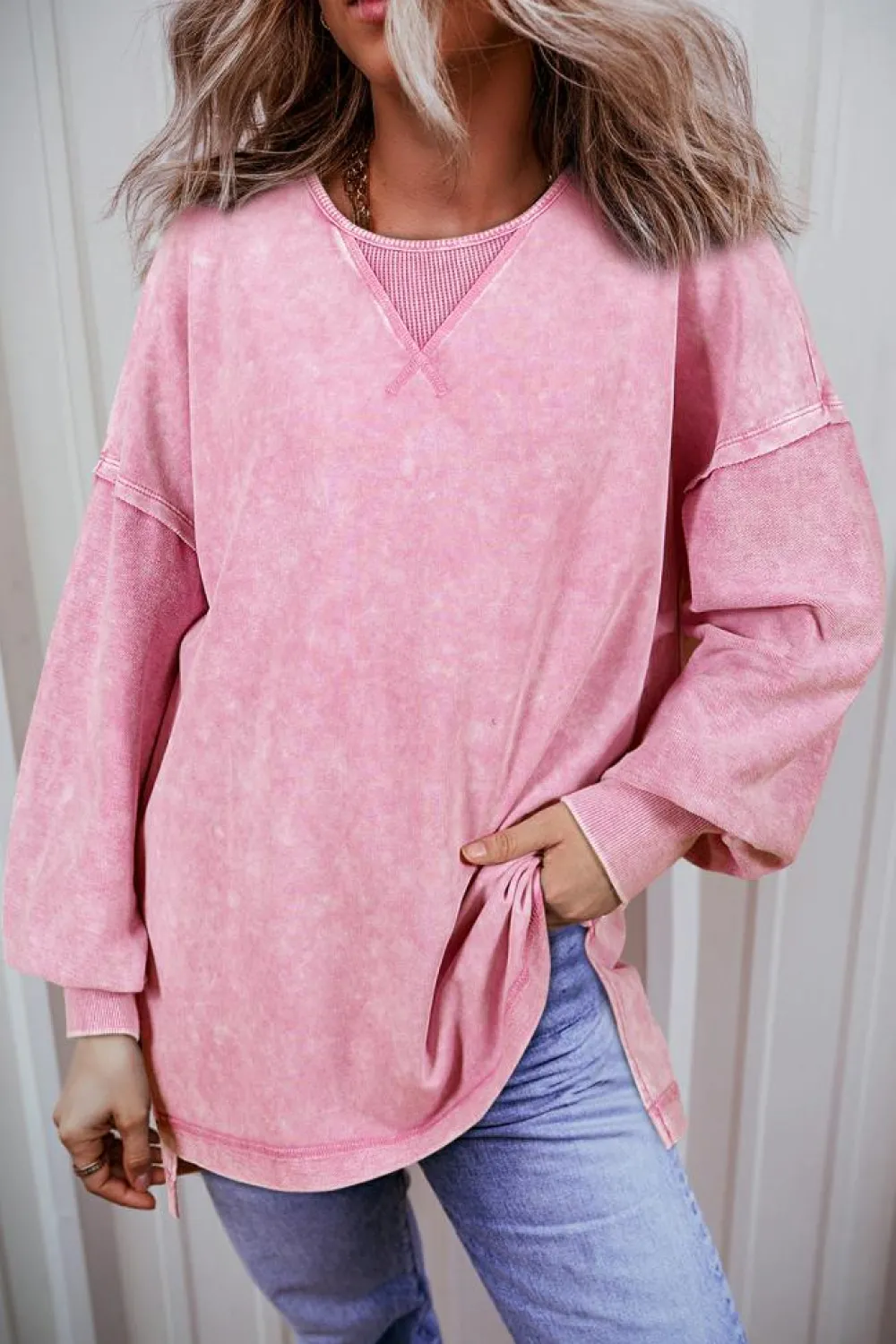 Discount Dear-Lover Mineral Wash Drop Shoulder Pullover Sweatshirt Strawberry Pink