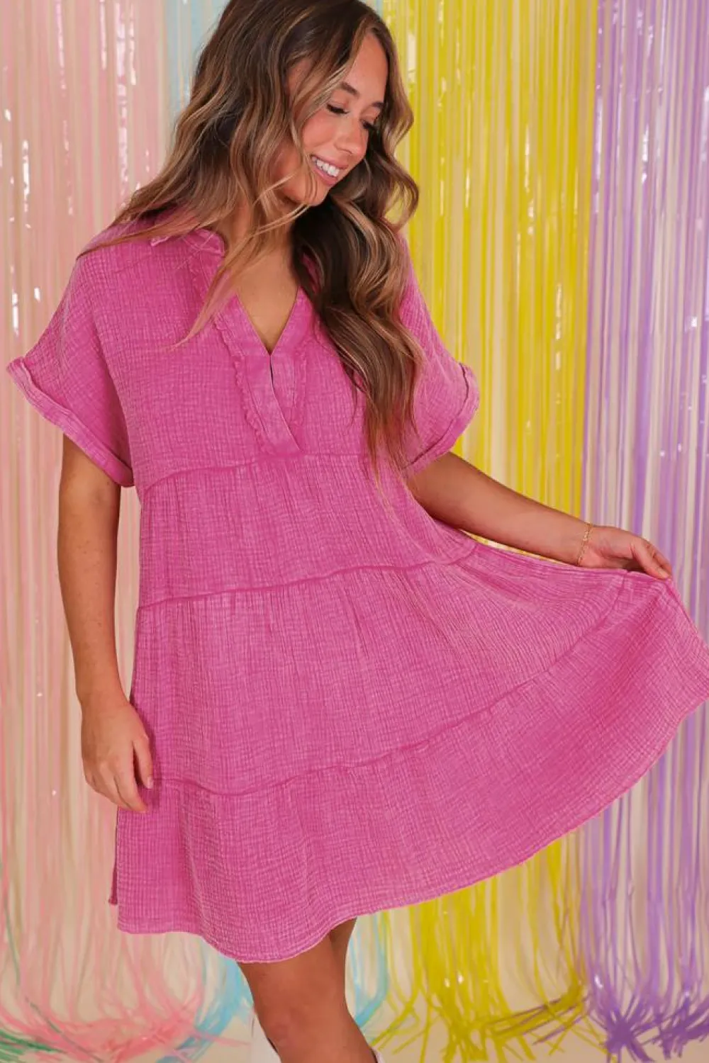 New Dear-Lover Mineral Wash Crinkle Split Neck Raw Hem Tiered Dress Strawberry Pink