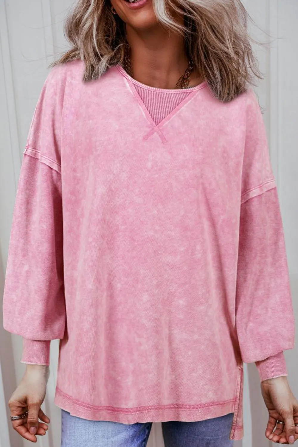 Discount Dear-Lover Mineral Wash Drop Shoulder Pullover Sweatshirt Strawberry Pink