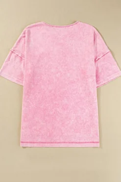 Hot Dear-Lover Mineral Wash Exposed Seam Drop Shoulder Oversized Tee Strawberry Pink