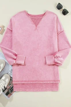Discount Dear-Lover Mineral Wash Drop Shoulder Pullover Sweatshirt Strawberry Pink