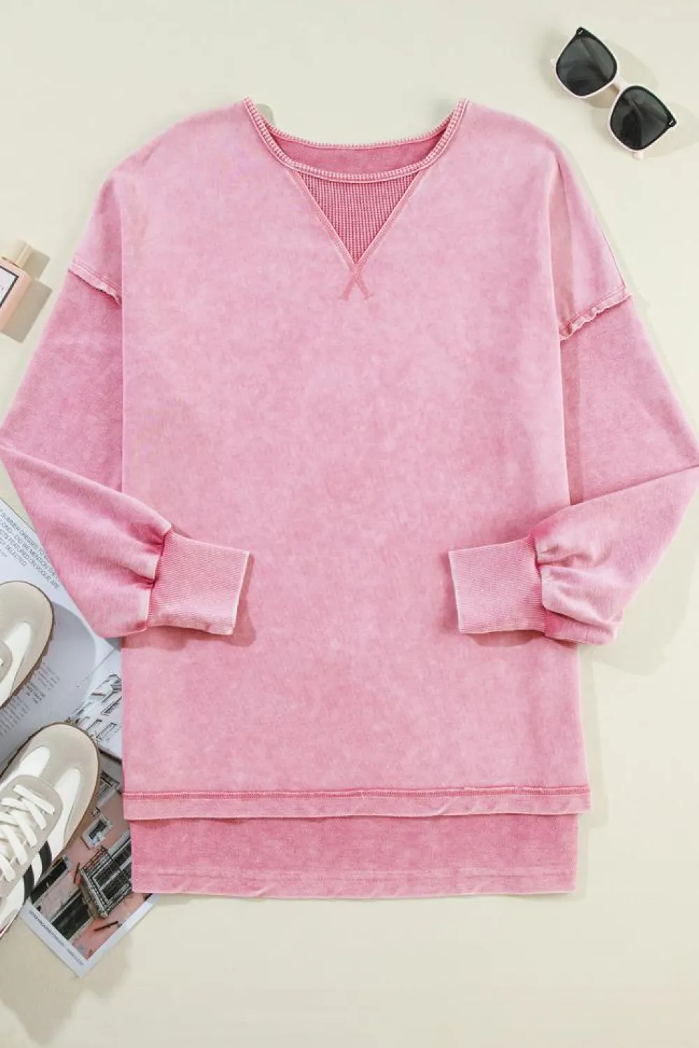 Discount Dear-Lover Mineral Wash Drop Shoulder Pullover Sweatshirt Strawberry Pink