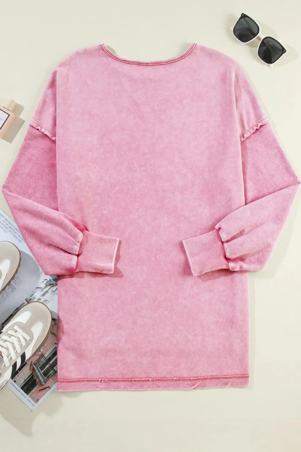Discount Dear-Lover Mineral Wash Drop Shoulder Pullover Sweatshirt Strawberry Pink