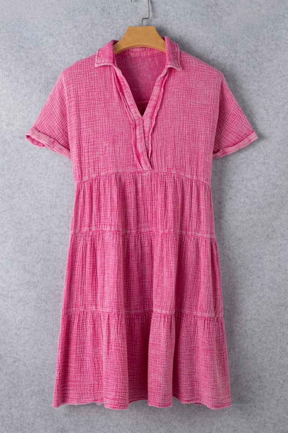 New Dear-Lover Mineral Wash Crinkle Split Neck Raw Hem Tiered Dress Strawberry Pink