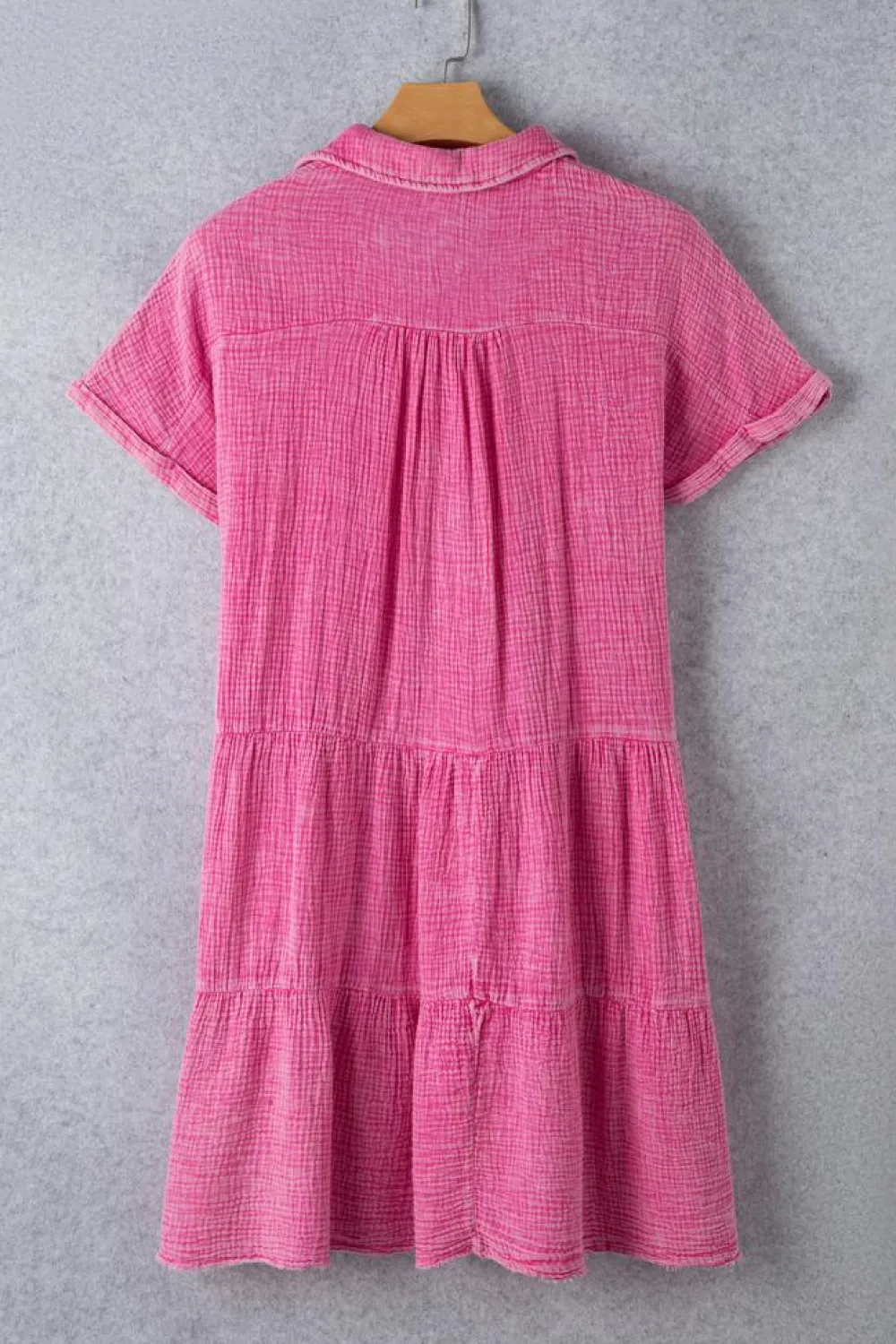 New Dear-Lover Mineral Wash Crinkle Split Neck Raw Hem Tiered Dress Strawberry Pink