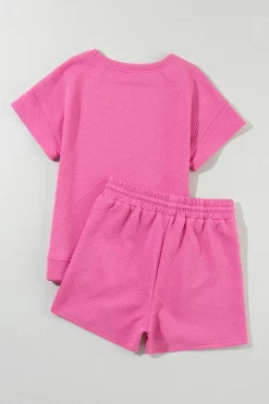 Fashion Dear-Lover 2pcs Solid Textured Drawstring Shorts Set Strawberry Pink