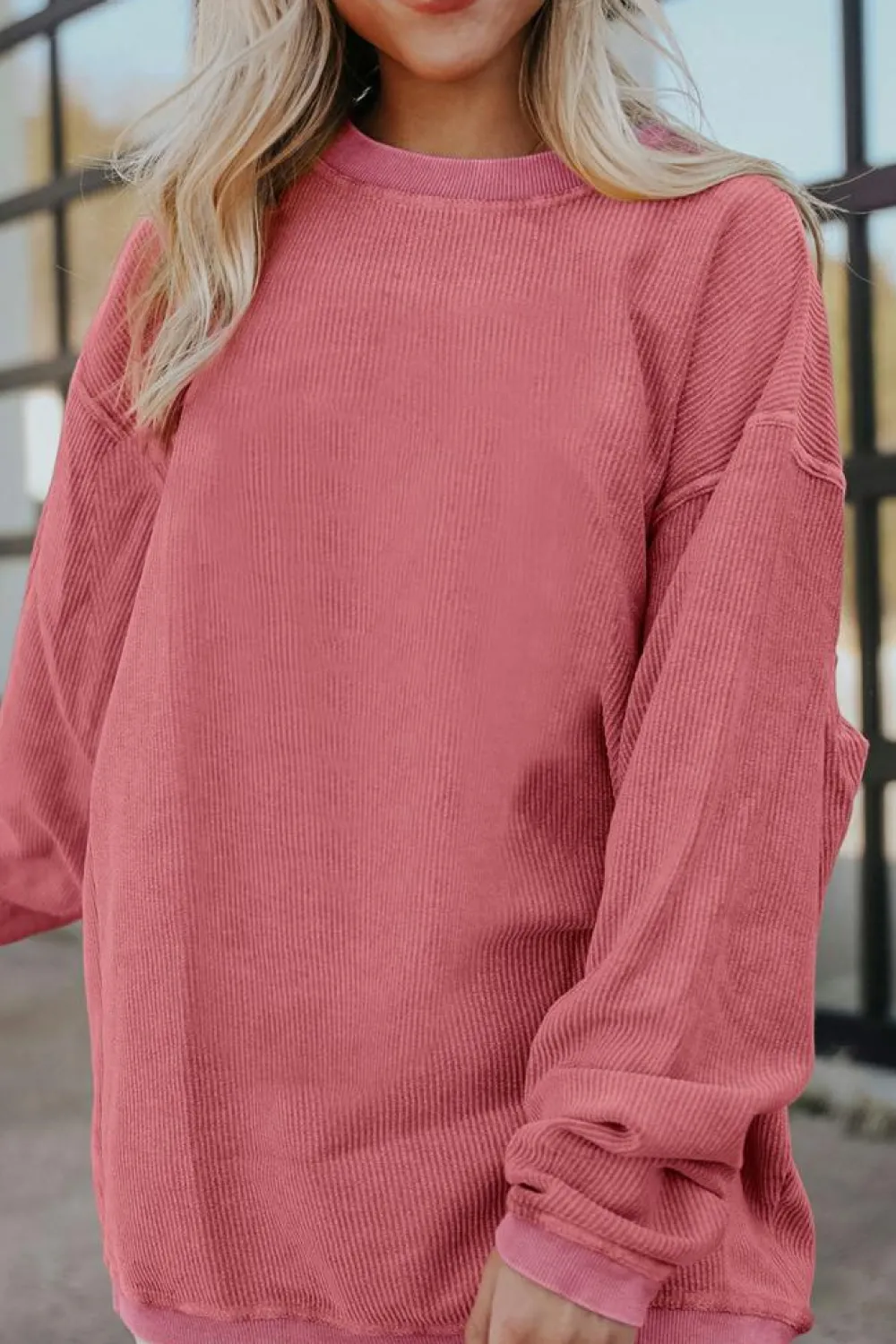 Fashion Dear-Lover Ribbed Corduroy Oversized Sweatshirt Strawberry Pink