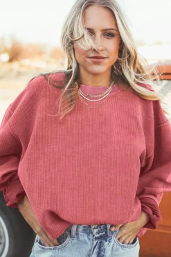 Fashion Dear-Lover Ribbed Corduroy Oversized Sweatshirt Strawberry Pink