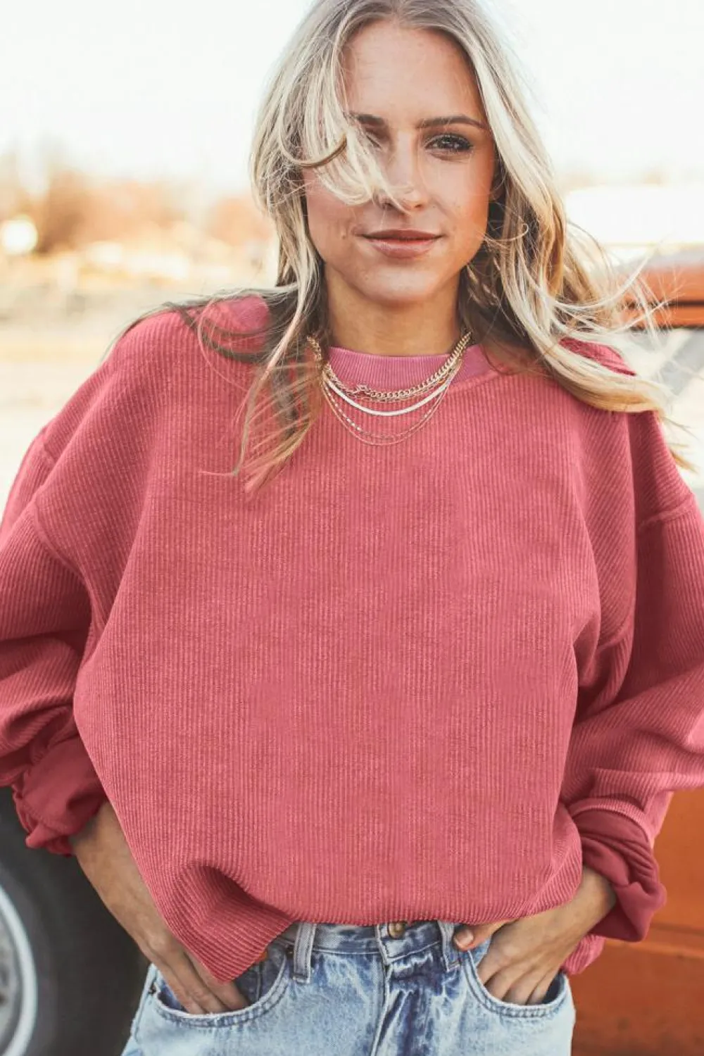 Fashion Dear-Lover Ribbed Corduroy Oversized Sweatshirt Strawberry Pink