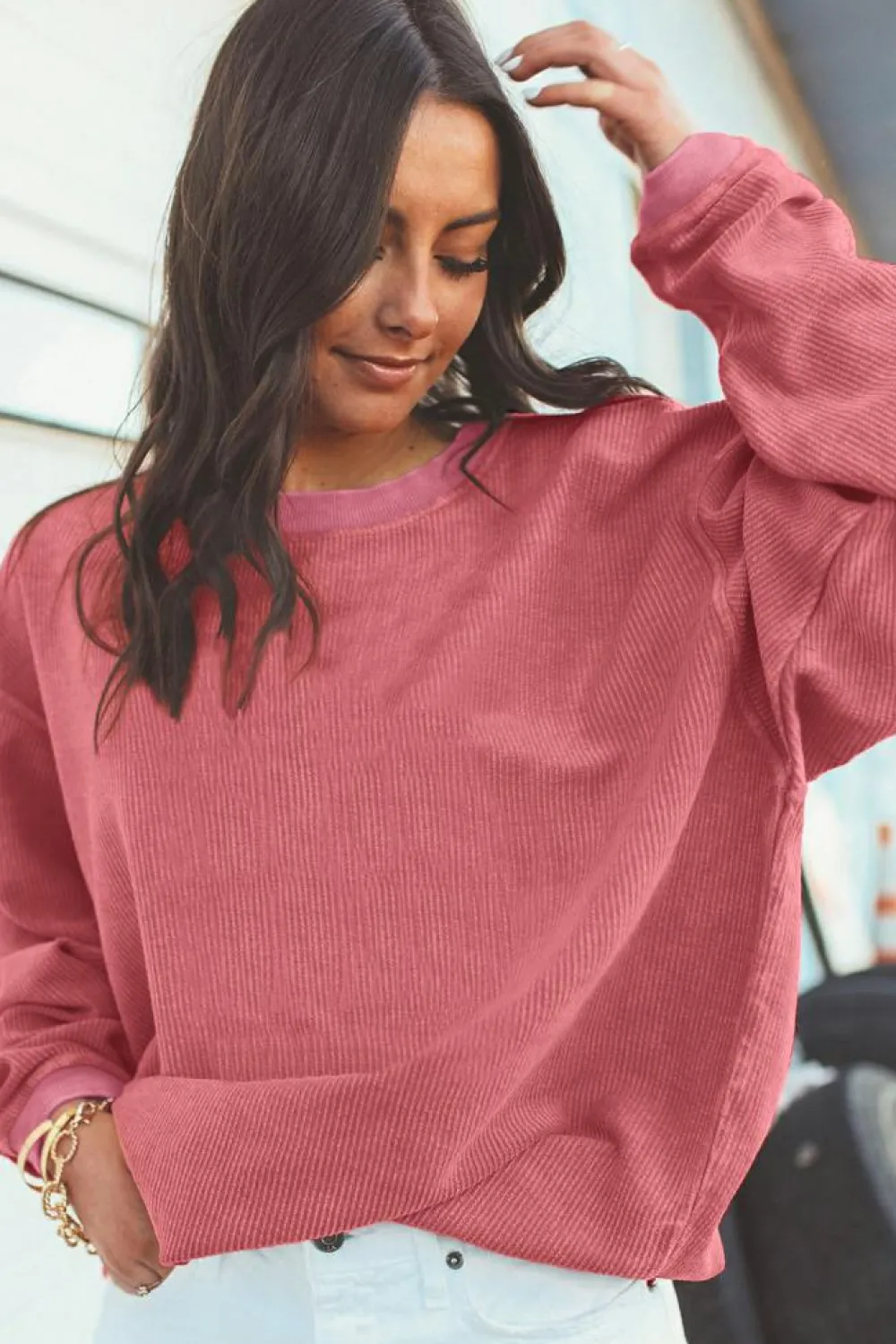Fashion Dear-Lover Ribbed Corduroy Oversized Sweatshirt Strawberry Pink