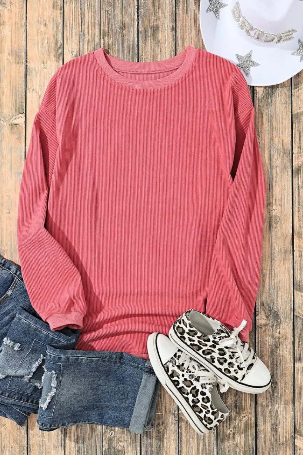 Fashion Dear-Lover Ribbed Corduroy Oversized Sweatshirt Strawberry Pink
