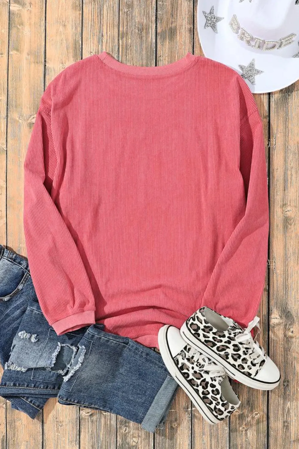 Fashion Dear-Lover Ribbed Corduroy Oversized Sweatshirt Strawberry Pink