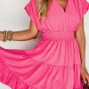 Sale Dear-Lover Ruched Sleeve V Neck Smock Waist Tiered Ruffled Dress Strawberry Pink