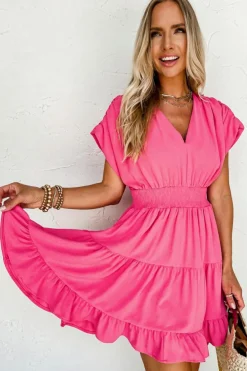 Sale Dear-Lover Ruched Sleeve V Neck Smock Waist Tiered Ruffled Dress Strawberry Pink
