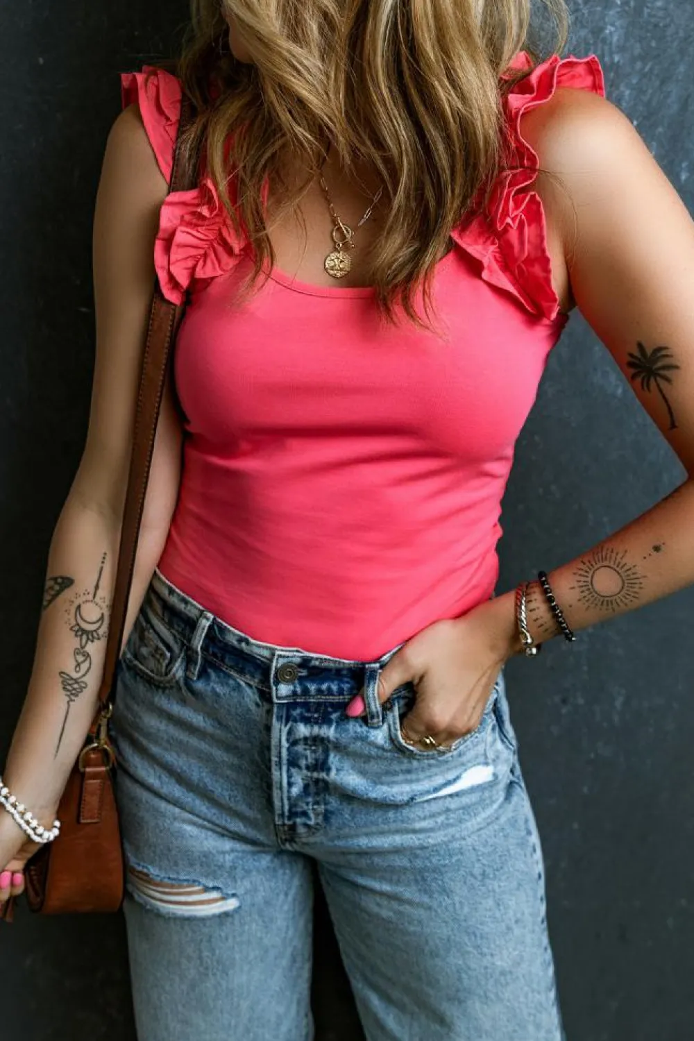 Outlet Dear-Lover Ruffled Wide Straps Slim Tank Top Strawberry Pink
